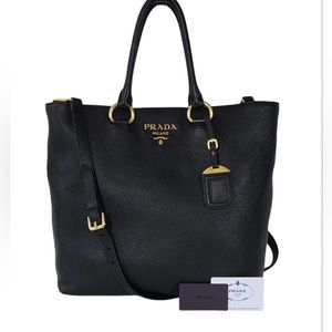 PRADA Black Daino Pebbled Leather Tote with Crossbody Strap